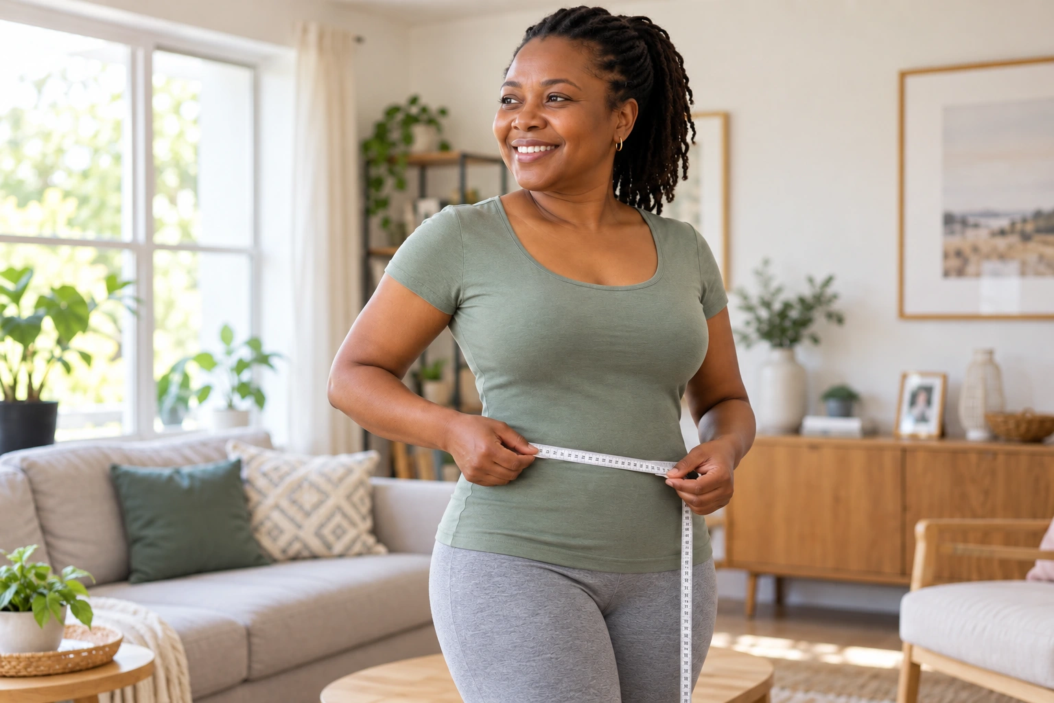 Une femme africaine souriante mesurant son tour de taille avec un mètre ruban